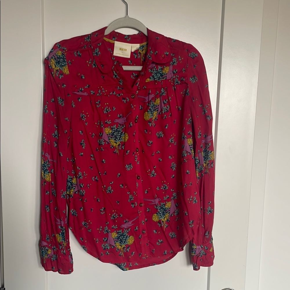 Mauve Red Blouse with Long Cuffed Sleeves and Mandarin Collar